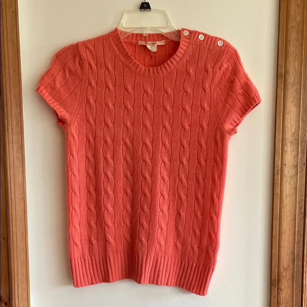 J. Crew Vibrant Coral Cashmere Short Sleeve Crewneck Cardigan S